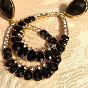 Glittering 2 1/2" Black & Clear Rhinestone Pierced Hoop Earrings